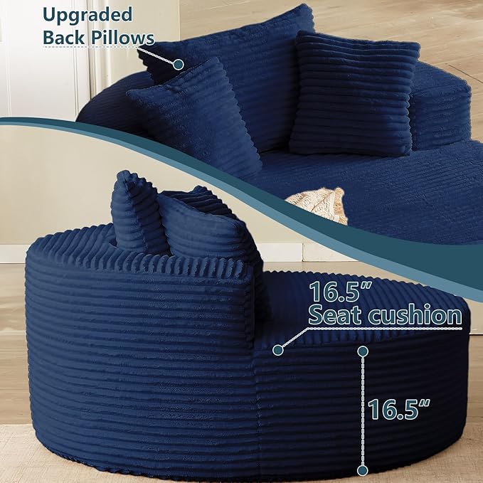 55''L Oversized Round Chaise Longue Chair Indoor Corduroy Sponge Single Sofa Oversized Round Chairs Modern Sleeper Chair for Living RoomProjection Room Wide Armrest Chairs Blue