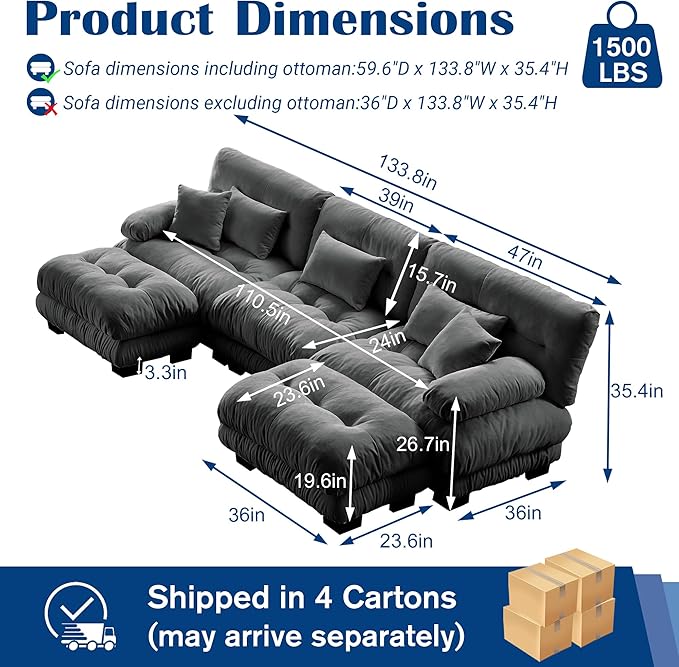 Oversized Cloud Couch Fluffy Sectional Couch for Living Room L Shaped Sofa with Movable Ottoman Chenille Grey
