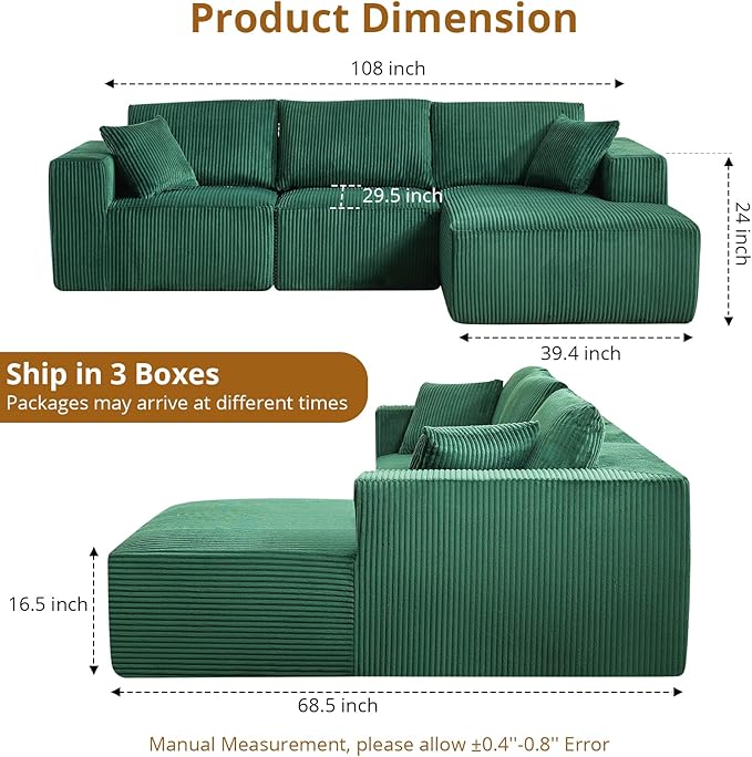 Sectional Cloud Boneless Couch 108 Modern Comfy L-Shape No Assembly Required Convertible Compression Sleeper Modular Sofa with Corduroy Fabric Deep Seat Loveseat + Chaise for Living Room