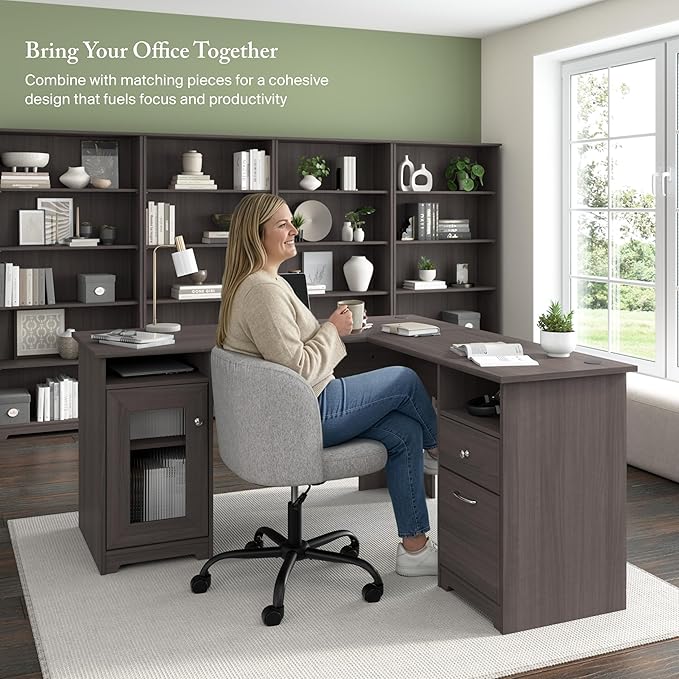 Bush Home Cabot 60W L Shaped Computer Desk with Storage in Heather Gray 60-inch Corner Table with Drawers for Home Office Workspace