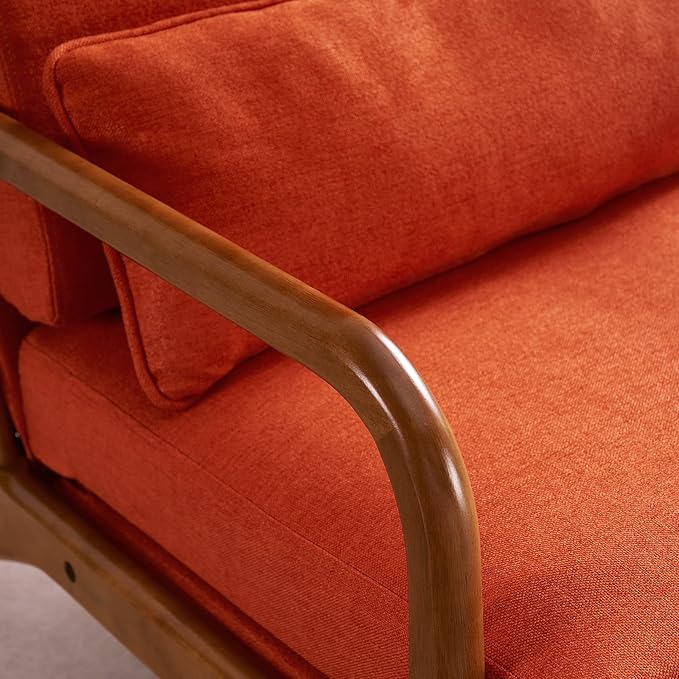 Accent Chair with Pillow - High Back Reading Armchair with Solid Wood Armrest - Iron Frame and Linen - Lounge Chair with Back and Seat Cushion - Sofa Chair for Bedroom Living Room - Orange