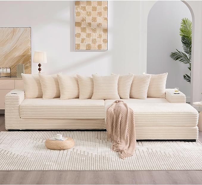 Sleeper Sofa Bed King Corduroy Modular L Shaped Sofa Oversized Reversible Chaise Lounge Modern Sectional Couch with Ottoman Cup Holder Side Pocket 8 Pillows for Living Room Beige