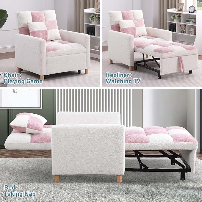Convertible Sleeper Sofa Chair 3 in 1 Multi-Function Folding Ottoman Couch Sigle Pull-Out Bed with Adjustable Backrest and Pillow for Living Room Apartment Office Pink&ampWhite