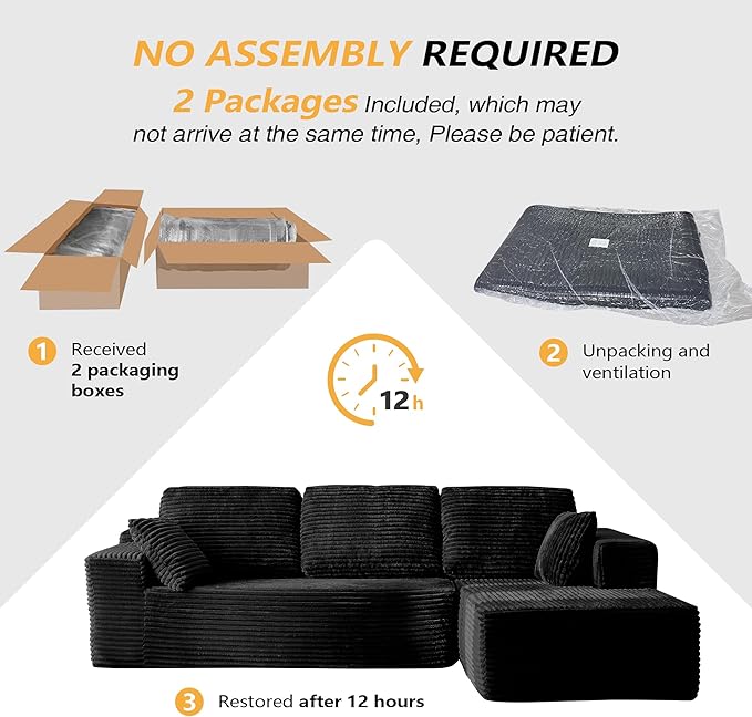 104 L-Shaped Cloud Sectional Sofa with Oversized Chaise Modular 3-Seater Corduroy Couch for Living Room &amp Bedroom Deep Seat No Assembly Required (Black L Shape with Right FacingChaise)