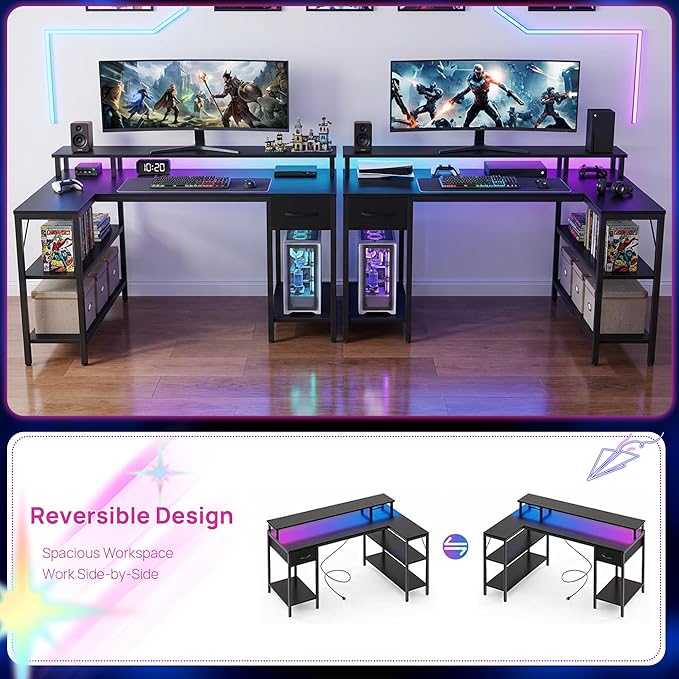Alpen L Shaped Gaming Desk 47 Inch Computer Desks with Drawers Corner Desk Gaming Table with LED Lights &amp Power Outlets Monitor Stand Home Office Desk for Living Room Bedroom Black