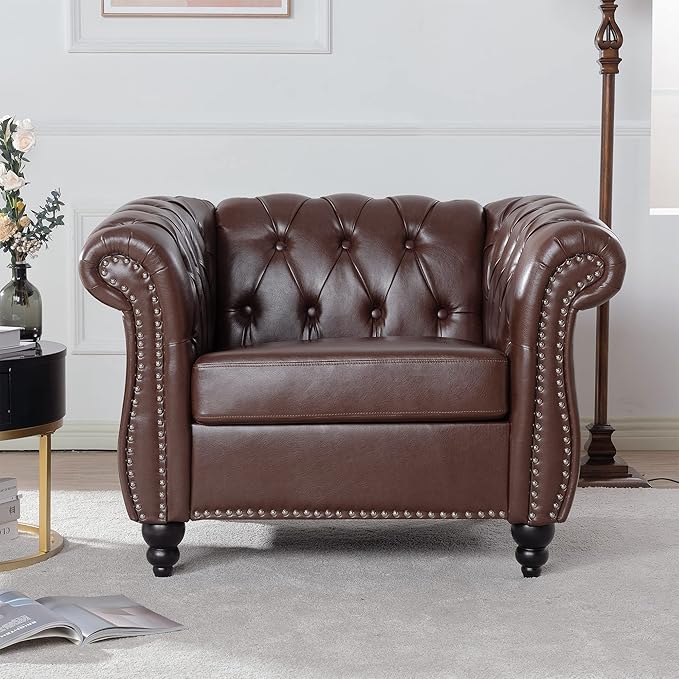 Leather Chesterfield Chair Single Sofa Chair with Nailhead &amp Rolled Arm with Extra Deep Seats Mid Century Modern Tufted Faux Leather Couch for Living RoomBedroomReading Room