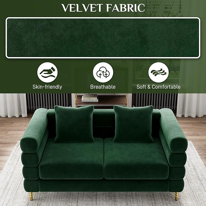 Cloud Couch for Living Room 59 Modern Overstuffed Deep Seat Velvet Loveseat Sofa with 2 Pillows Comfy Upholstered 2 Seater Love Seat for Bedroom Office Emerald Green Velvet