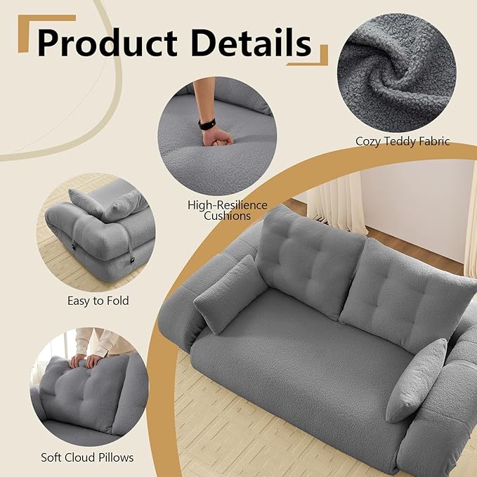 78.7'' Folding Sleeper Sofa 3 in 1 Folding Sofa Bed Teddy Couch Upholstered Deep Seat Bean Bag Lounge Recliner Oversized Human Dog Bed for Living Room Playroom Bedroom (Gray)