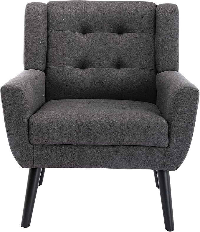 SSLine Linen Accent Arm ChairMid-Century Modern Upholstered Wingback Single Sofa Armchair Club Chair with Solid Wood Legs Thick Cushion for BedroomReadingLiving Room Chair (Dark Grey)