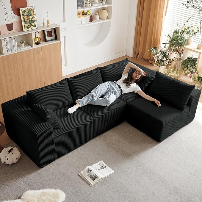 104” Modular Cloud Sectional Sofa Plush Corduroy Boneless Couch L-Shaped Sectional Deep Seat Sofas for Living Room Bedroom No Assembly Required Black