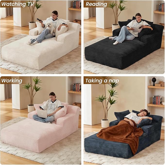 Avenix 79” Oversized Chaise Lounge Chairs Indoor Corduroy Boneless Chaise Lounges Chairs Indoor Deep Seat Big Comfy Reading Chair Cloud Sleeper Chair Sofa Couch Bed for Living Room Pink