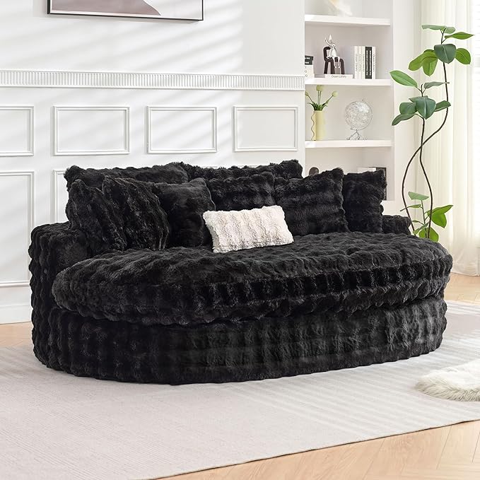 TYBOATLE 83’’ Oversized Round Chaise Lounge Chair Indoor w/Deep Seat Round Memory Foam Couch Comfy Fluffy Plush Chaise Lounge Indoor w/Double Cushion Circle Bed for Livingroom (Black)