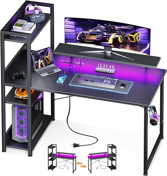 ODK Reversible Gaming Desk LED Lights 40 Inch Computer Desk with Storage Shelves &amp Monitor Stand Study Table for Home Office Small Space Bedroom Carbon Fiber Black