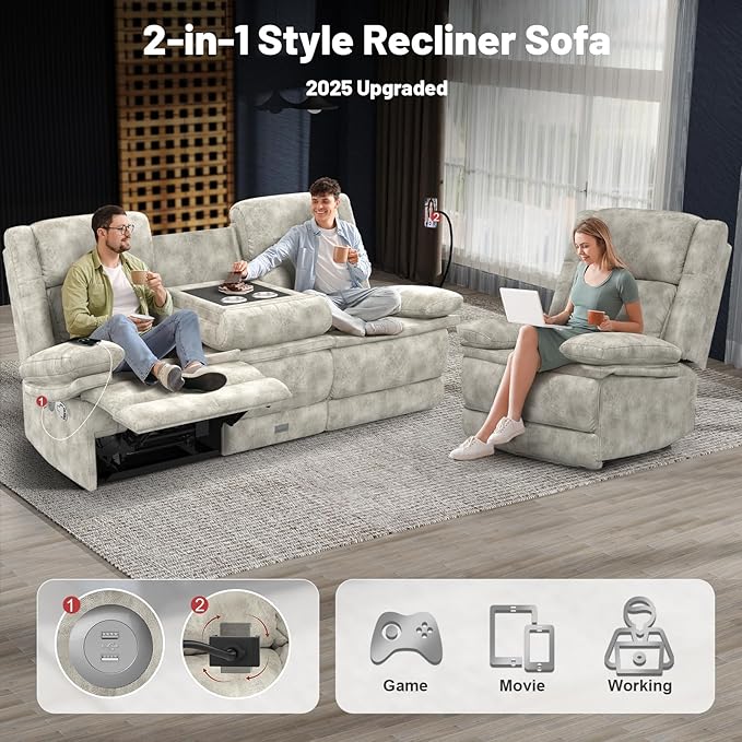 Recliner Sofa 3+1 Set Flip Middle Backrest Design 3 Seater Loveseat Reclining Sofa and Single Oversized Recliner Chair Manual Couches for Living Room/RV
