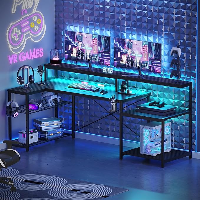 Bestier LED Gaming Desk with Power Outlets 71 inch L Shaped Computer Desk with Monitor Stand Large Desk with Printer Stand Adjustable Shelf Cup Holder &amp Hooks Home Office Desk Black
