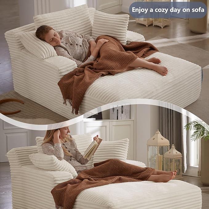 49.2 Oversized Chaise Lounge Chair Deep Seat Upholstered Cozy Cloud Couch Modern Corduroy Floor Sleeper Sofa Bed Reading Chair for Living Room Bedroom Apartment Office Indoor White