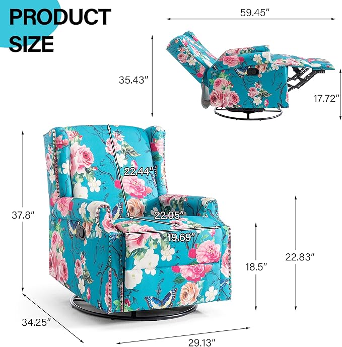 Swivel Rocker Recliner Chair Manual Nursery Glider Recliner Floral Fabric Wingback Accent Chair with Adjustable Backrest &amp Footrest for Small Spaces Living Room Bedroom (Peacock Blue Set of 2)
