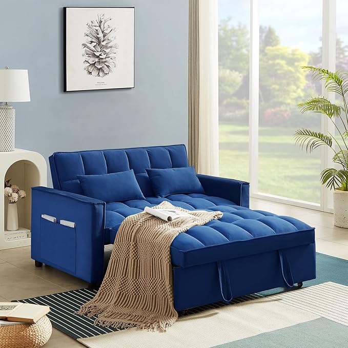 Sleeper Sofa Couch w/Pull Out Bed 55 Modern Velvet Convertible Sleeper Sofa Bed Small Love seat Sofa Bed with 2 Pillows &amp Side Pockets for Small Space Living Room Apartment Blue