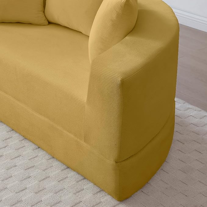 Folding Sofa Bed Corduroy Circular Boneless Couch No Assembly Convertible Sleeper Sofa with 3 Pillow Comfy Futon Sofa Bed for Apartment Office Bedroom Living Room Yellow