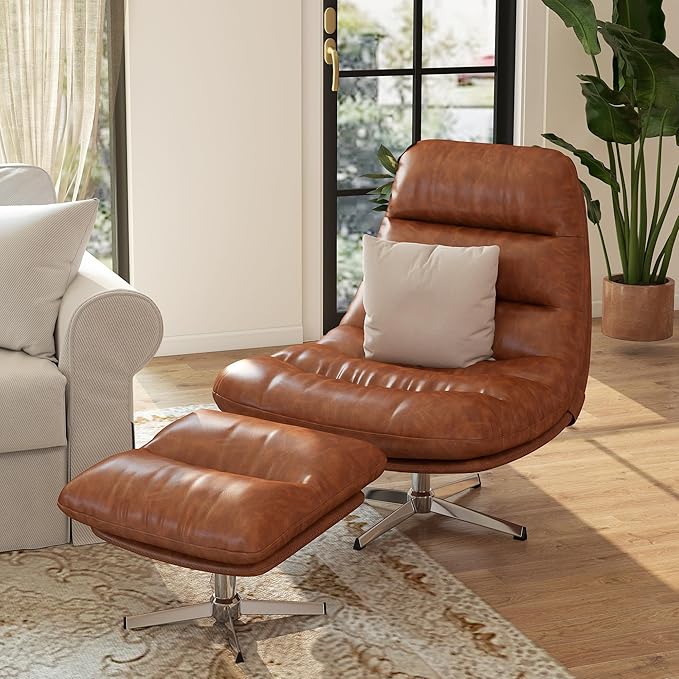 Modern Swivel Accent Chairs with Ottoman Set of 2 PU Leather Oversized Armless Reading Chairs with Footrest 33'' Wide Upholstered Lounge Chairs with Footstool for Living Room Bedroom Comfy Brown