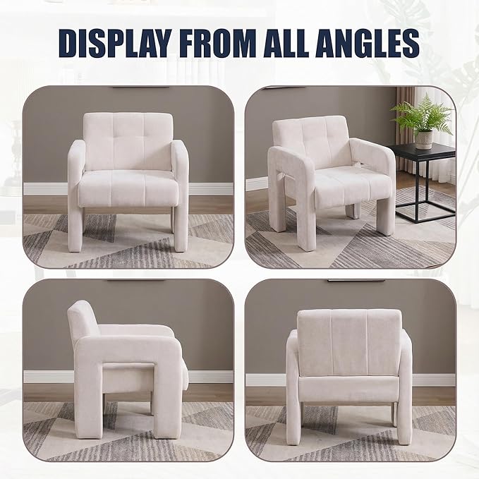 Arletta Modern Minimalist Armchair Beige Chenille Upholstered Single Chair Nordic Style Living Room Seating with Padded Arms 500 LBS Load Capacity 26.57x27.17x29.33 Inches
