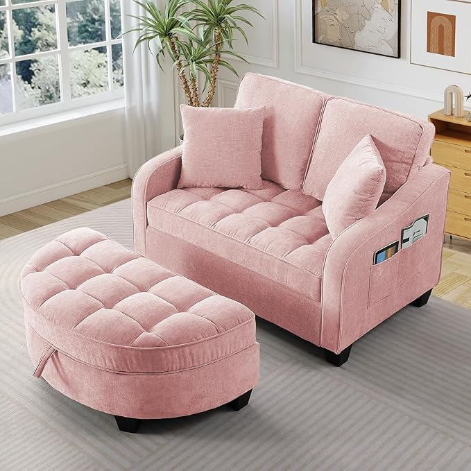 Oversized Chair and A Half Chenille Tufting Accent Cozy Reading Sofa Chair with Storage Ottoman Upholstered Loveseat Chaise Lounge Sofa with Adjustable Back for Living Room Office Sunroom Pink
