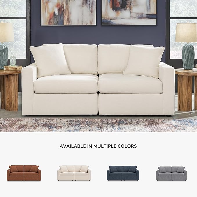 Signature Design by Ashley Modmax Coastal Modular Stain Resistant 2-Piece Loveseat with Removable Covers and 2 Accent Pillows Beige
