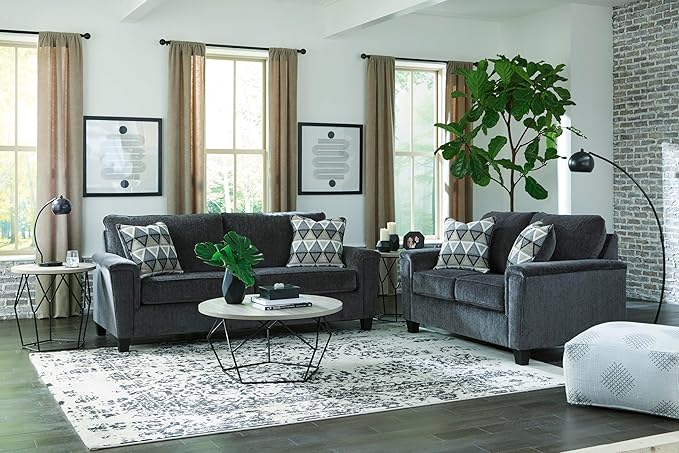 Signature Design by Ashley Abinger Chenille Contemporary Loveseat with 2 Accent Pillows Dark Gray