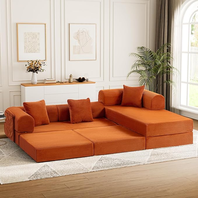 106.3 Oversized Convertible Sleeper Sofa Bed L Shape Modular Sectional Cloud Sofa with Fixed-Shape Frame Boneless Couch with Storage Pocket for Living Room No Assembly Required Orange