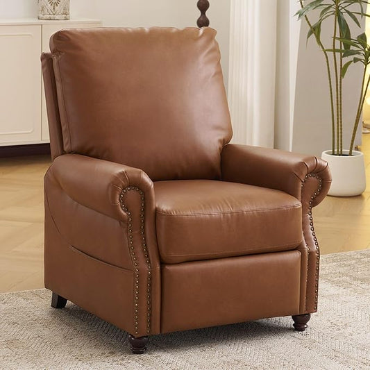 Pushback Recliner Chair with Massage and Heat Breathable Leather Recliner Chair with Overstuffed Backrest and Rivet Decoration Single Sofa Accent Chair for Living Room Camel