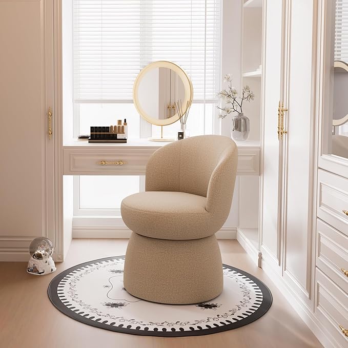 Rowill 360 Degree Swivel Vanity Chair Barrel Textured Accent Chair with Boucle Fabric Modern Khaki Accent Chairs for Living Room Dressing Room Reading Nook