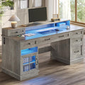 Farmhouse Executive Desk with Drawers Computer Desk with File Drawers Power Outlet and Led Lights Executive Office Desk with Storage Cabinet and Monitor Shelf for Home Office Grey