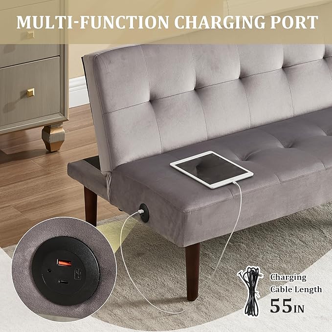 Anwick Convertible Futon Sofa Bed with Charging Port 45″ Folding Sleeper Sofa Adjustable Backrest Small Couch for Living Room Small Spaces Or Office Modern Loveseat (Gray)