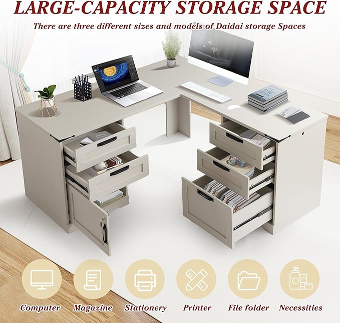Grepatio 60 L Shaped Executive Desk with Drawers Farmhouse Corner Desk with USB Charging Station 2 Person Home Office Computer Writing Desks with Storage Key Lock Filing Cabinet (Grey)