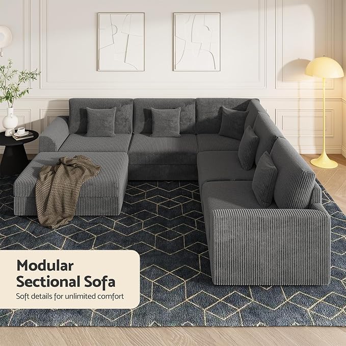 Oversized Modular Sectional Sofa with Storage Modern Sleeper Sofa Extra Deep Seat Comfy Corduroy Cloud Couch with Ottoman and 5 Pillows for Living Room (U Shape Sectional with Storage Grey)