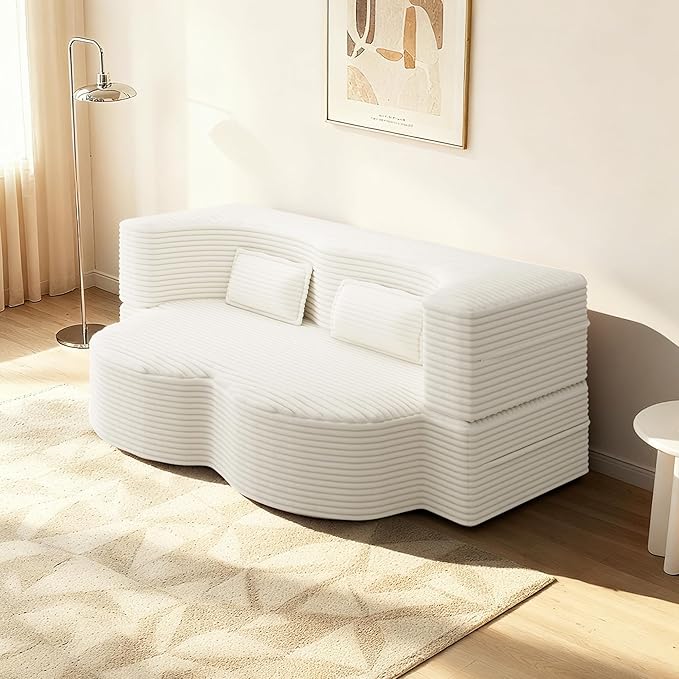 78 Convertible Sofa Bed 2-in-1 Folding Floor Couch with 2 Pillows Sleeper Sofa for Living Room and Bedroom No Assembly Required (Beige Corduroy Fabric)
