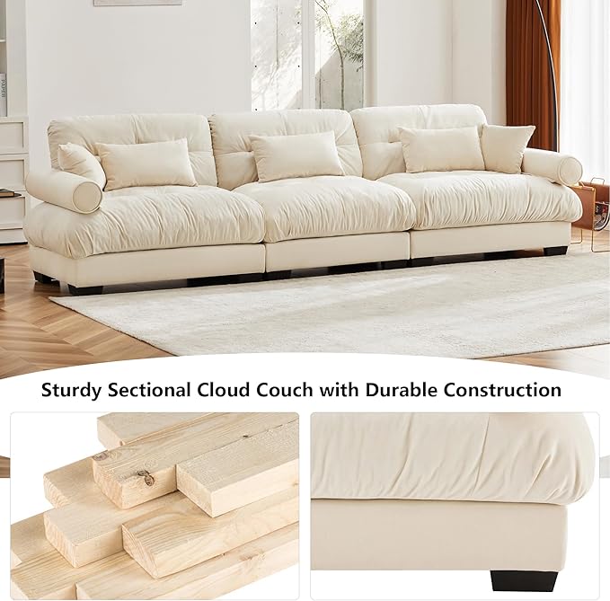 Aoowow Oversized 3 Seater Cloud Sofa Couch for Living Room130 Velvet Large 3 Seat Cloud Sofas with Deep SeatModern Fluffy Modular Sectional Sleeper CouchesTufted (Velvet Beige 3 Seater)
