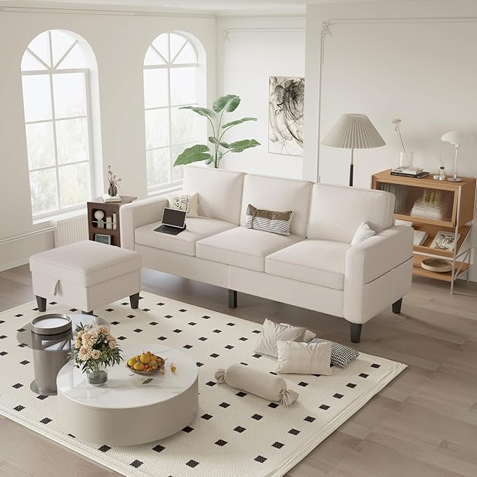 ZeeFu Sectional and Sofa Couches for Living Room - 78'' 3 Seater L-Shaped Modular Couch with Storage Ottoman - Modern Linen Fabric Upholstered Sofa Set for Small Space Apartment Office