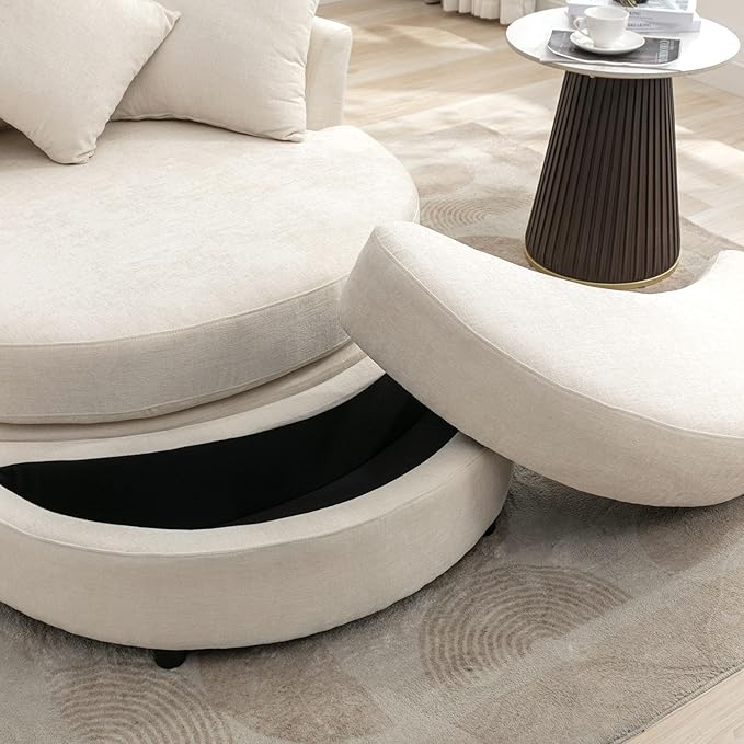 Merax 360° Swivel Barrel Chair with Half Moon Storage Ottoman Oversized Leisure Round Single Sofa Large Chaise Lounge &amp 4 Pillows Comfy Linen Upholstered Accent Armchairs for Living Room Cream
