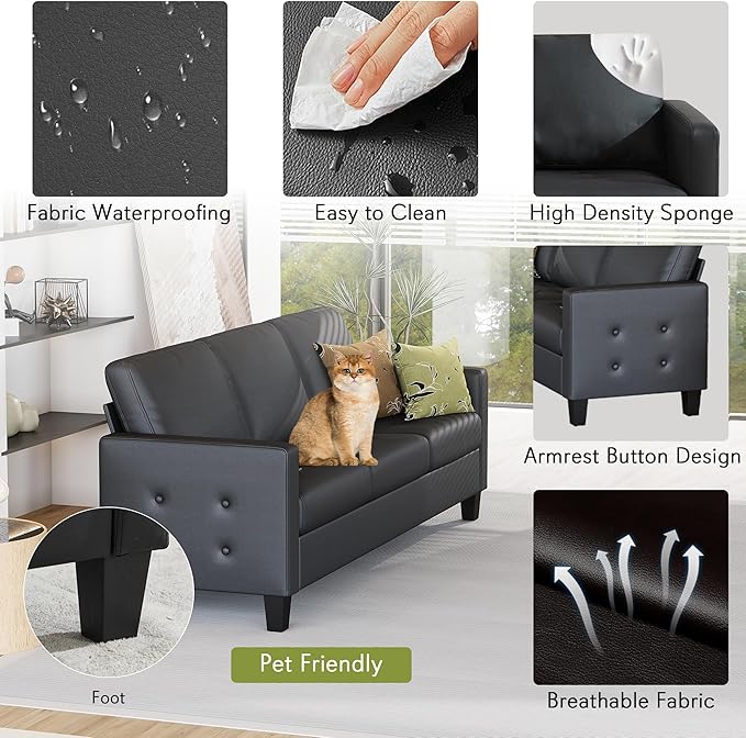 STHOUYN 73” Black Faux Leather Sofa Couch Modern Comfy Office 3 Seater Couch Loveseat with Tufted Armrest and USB Small Love Seat Couches for Living Room Bedroom Apartment