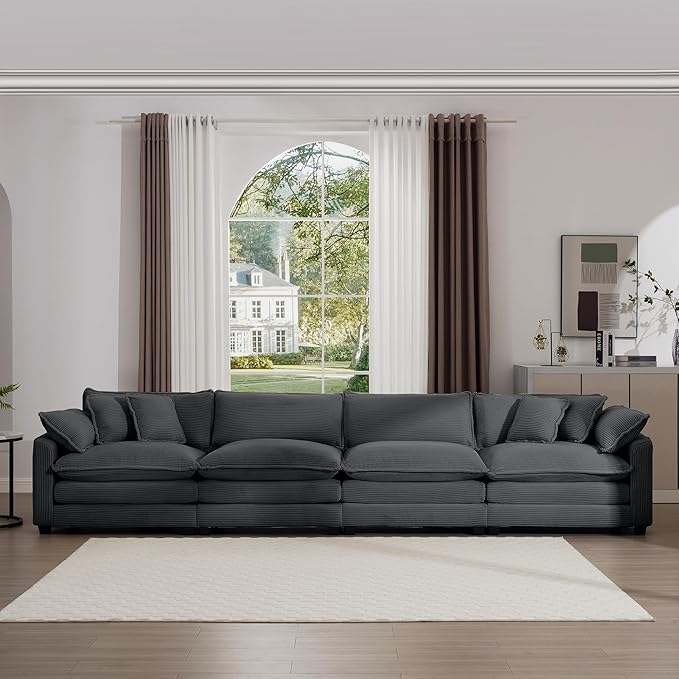 Oversized Modular Sectional Sofa 149.5'' Modern Corduroy Comfy Cloud Couches for Living Room Apartment Deep Seat 4-Seater Sofa with 2 Armrest Pillows and 4 Toss Pillows Grey