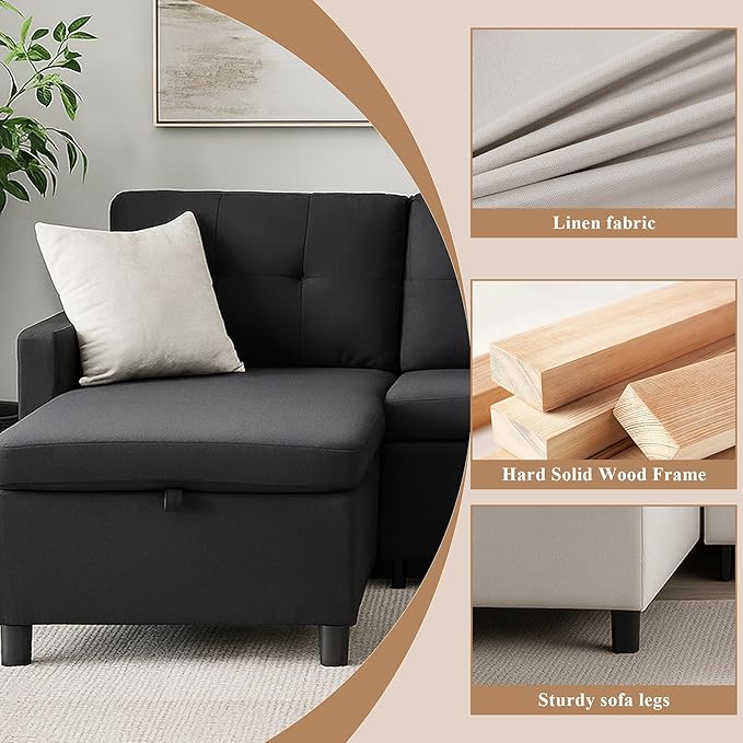Sleeper Sofa Couch Oversized Pull Out Couch Bed with Storage Chaise Sectional Sleeper Sofa Bed for Living Room (Black Double Chaise)