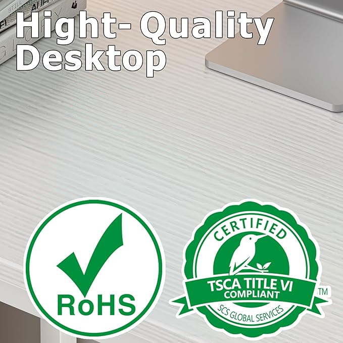 JOISCOPE Home Office Desk with Double Reversible Side Shelves and Headphone Hooks Computer Desk for Working Gaming Studying 55 inches White