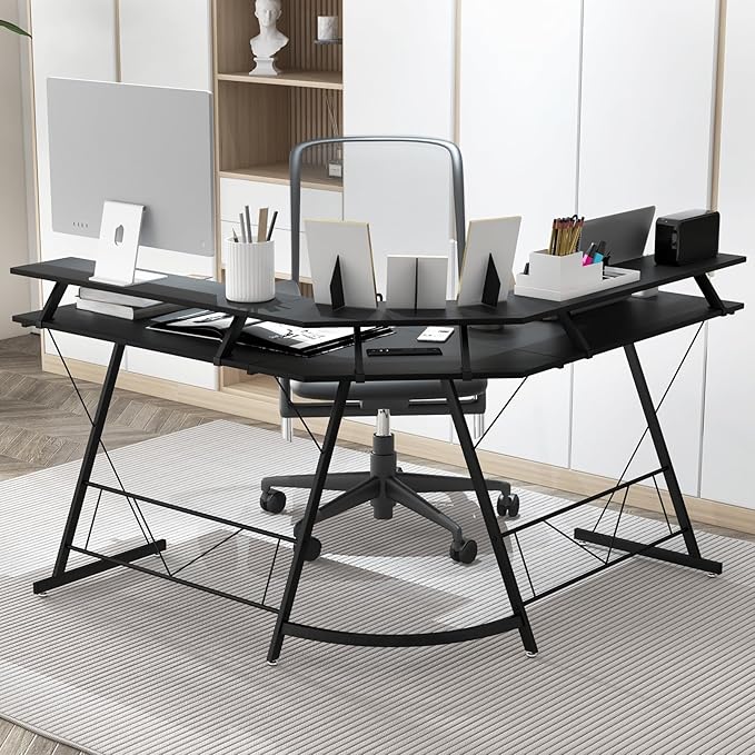 Giantex L Shaped Computer Desk with Power Outlet 51 Corner Computer Desk with Monitor Stand and Reversible Keyboard Tray Modern Gaming Desk with Hook Home Office Desk Workstation (Black)