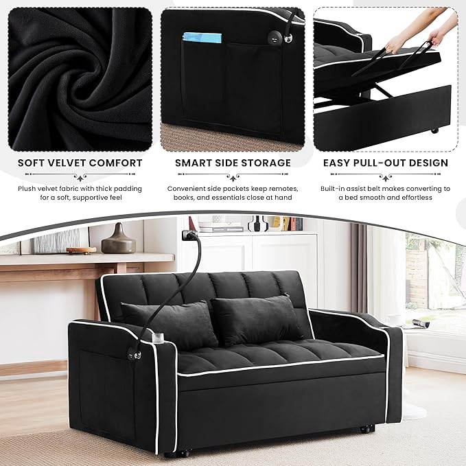 TTK 3-in-1 Convertible Velvet Sleeper Sofa Bed Pull-Out Loveseat with Adjustable Backrest USB Port &amp 2 Pillows Swivel Phone Stand &amp Storage Pockets Modern Futon Couch for Living Room Blac