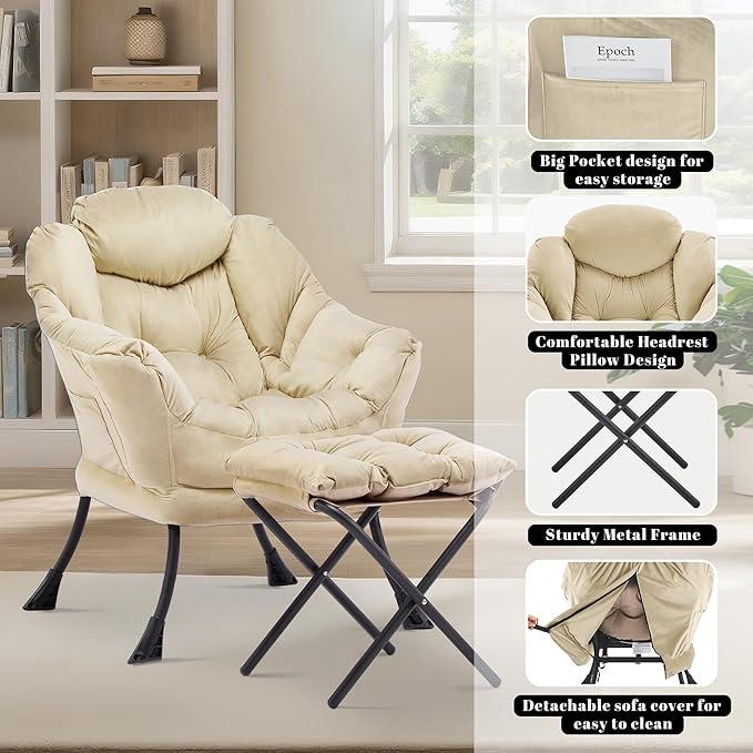 Lazy Chair with Ottoman Comfy Accent Lounge Chair with Side Pocket Modern Reading Armchair with Footrest Upholstered Sofa Chair for Small Spaces Bedroom Living Room Dorm Khaki