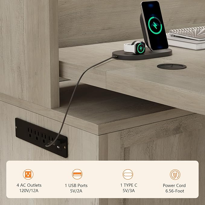 70.86 Farmhouse L Shaped Standing Desk with Hutch Electric Height Adjustable Desk with Storage Corner Computer Desk with File Drawer Power Outlets LED Gaming Desk with Sliding Door Grey