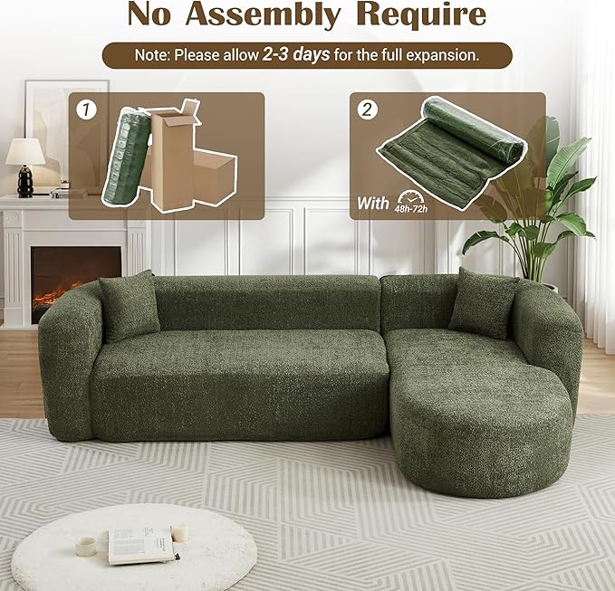 110 Inch Boneless Couches for Living Room Modern Modular Sectional Curved Sofa with Chaise Minimalist L-Shape Cloud Sectional Couch No Assembly Required (Green Right-Facing Chaise)
