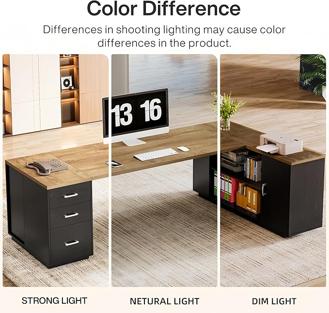 Tribesigns 85.8-Inch L-Shaped Executive Desk with File Drawers Door Cabinet &amp Shelves Extra Large Commercial Office Desk Modern Professional Office Table Business Furniture Natural &amp Blac