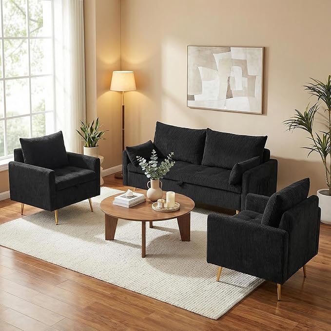 Furnimart 3-Piece Storage Sofa and Couch Set Corduroy Loveseat with 2pc Accent Single Chairs Small Living Room Furniture Set for Apartment Tiny Homes and Lofts 3PC-Black